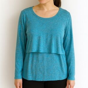 Bea Island Long-sleeve floral 1/2 tier front teal boho blouse, Size L